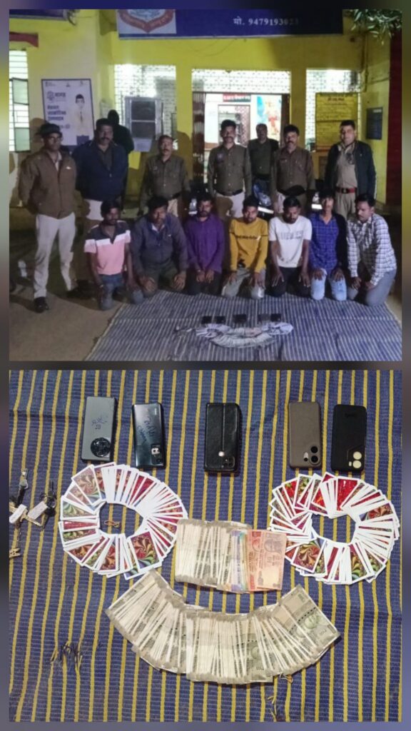 बिलासपुर: कोनी पुलिस की अवैध जुआ-सट्टा पर बड़ी कार्यवाही, जुआ खेलते 7 आरोपियों को रंगे हाथों किया गिरफ्तार,2.21 लाख की जब्ती।